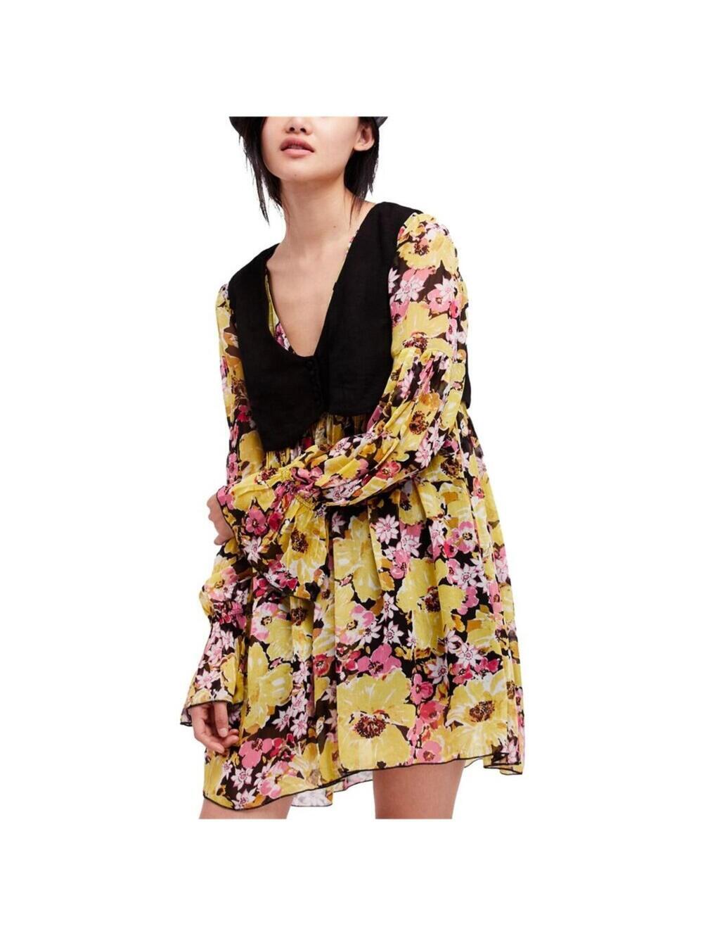 Free People Vested Mini Dress NWT Small Yellow Floral Bell Sleeves V-Neck NEW